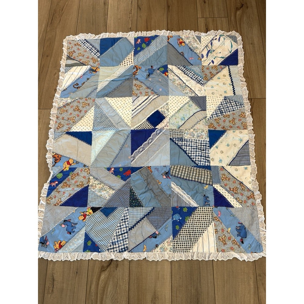 Blue Winnie The Pooh Handmade Patchwork Baby Blanket Quilt 48x40 Vintage Piglet
